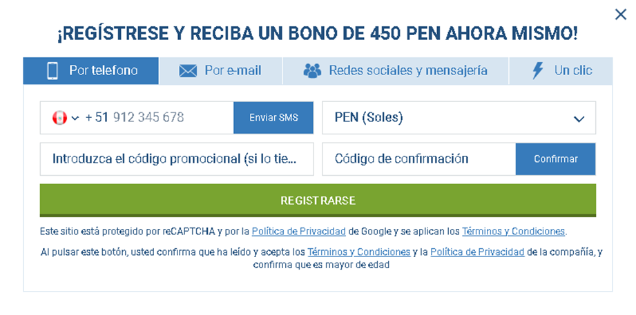 Formulario de registro por móvil en 1xBet Perú
