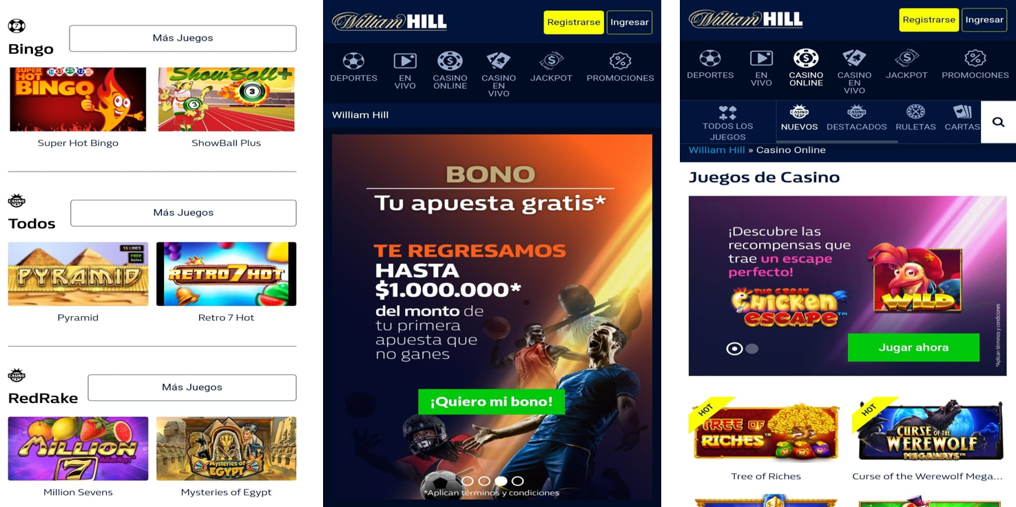 Interfaz principal William Hill versión móvil, bingo y juegos, oferta de bono, juegos de casino