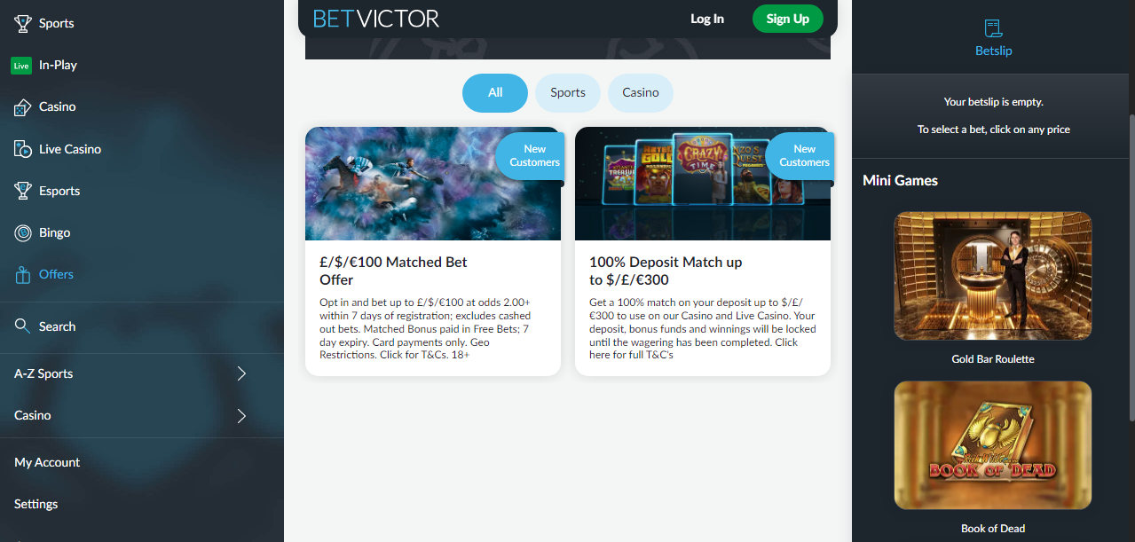 An image of the BetVictor sportsbook promotions page