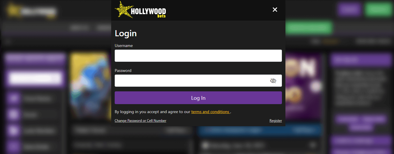 Image of Hollywoodbets Login Page