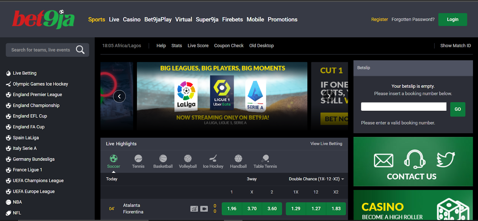 bett9ja’s homepage offering login, support and betting sports as well;