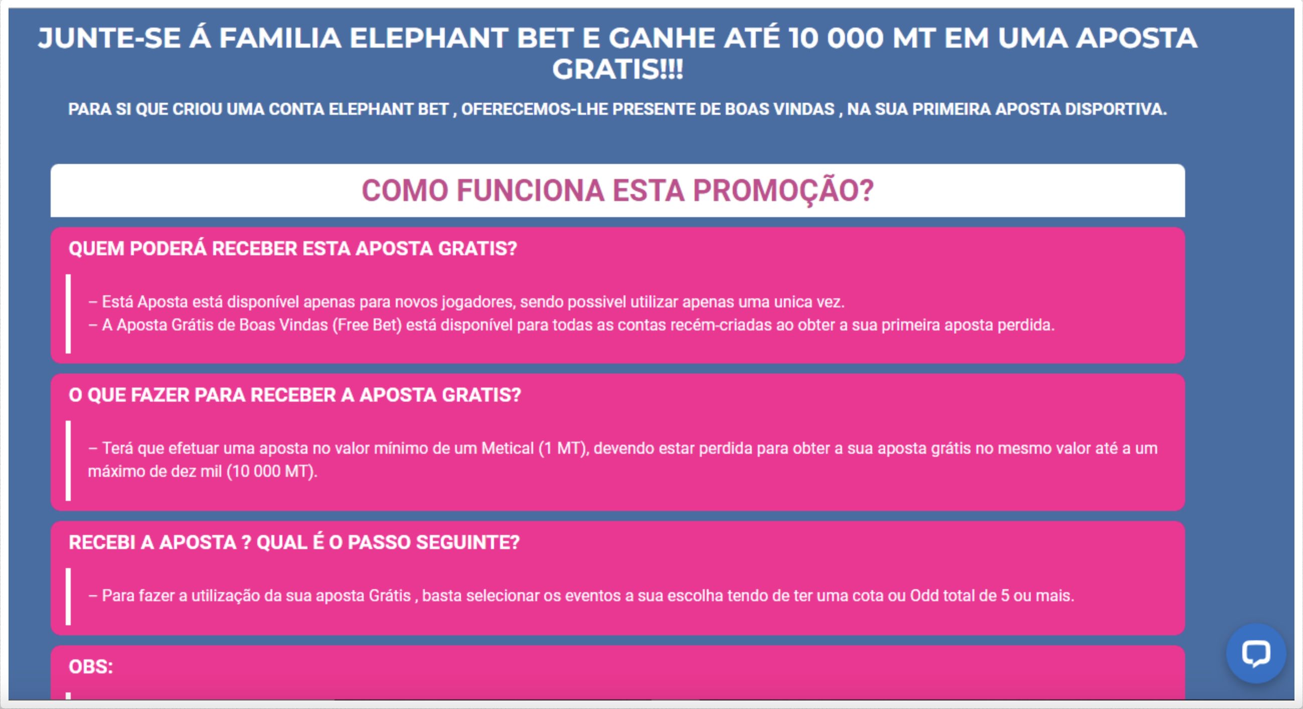 Página de bônus da Elephant Bet
