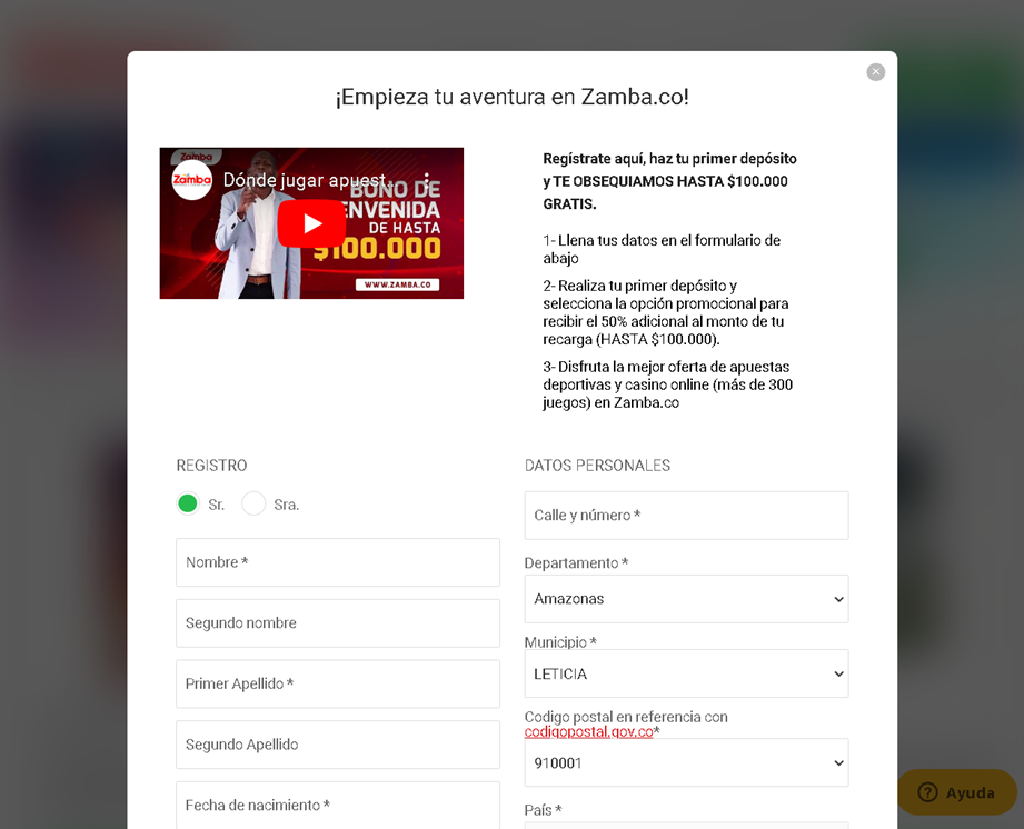 Panel del formulario de registro para nuevos usuarios de Zamba