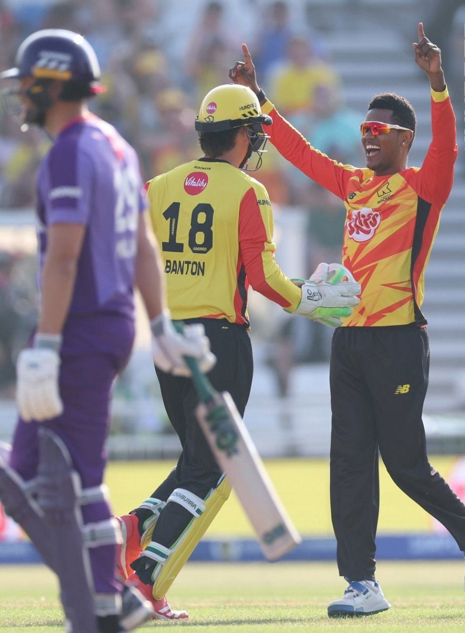 Trent Rockets players celebrate the fall of a wicket against Northern Superchargers. @ @ The Hundred Trent Rockets players celebrate the fall of a wicket against Northern Superchargers. @ @ The Hundred