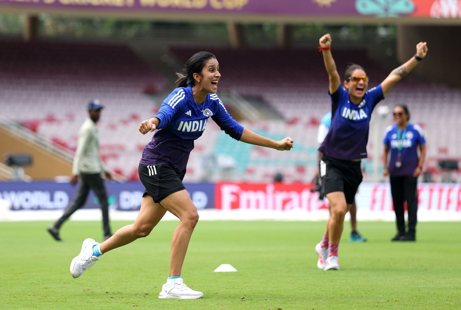 Indian players practice ahead of the ICC Women's World Cup final against South Africa at the DY Patil Stadium in Navi Mumbai on Saturday. @ICC/X