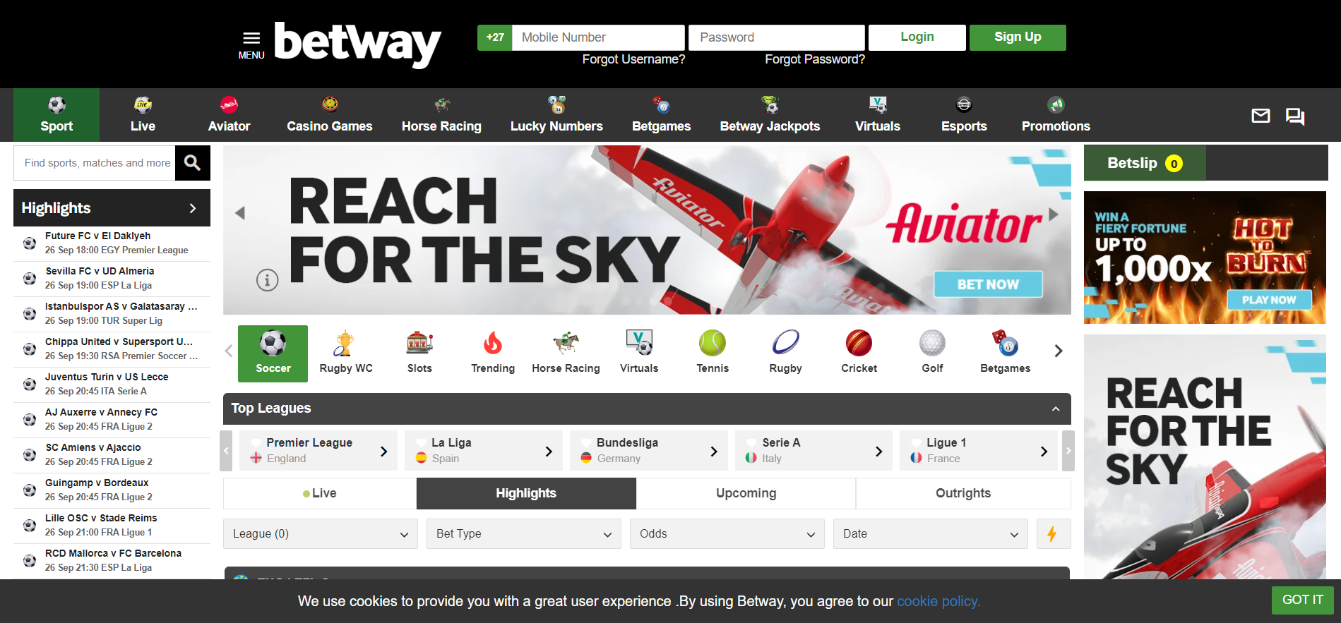 Image for Betway sports betting homepage