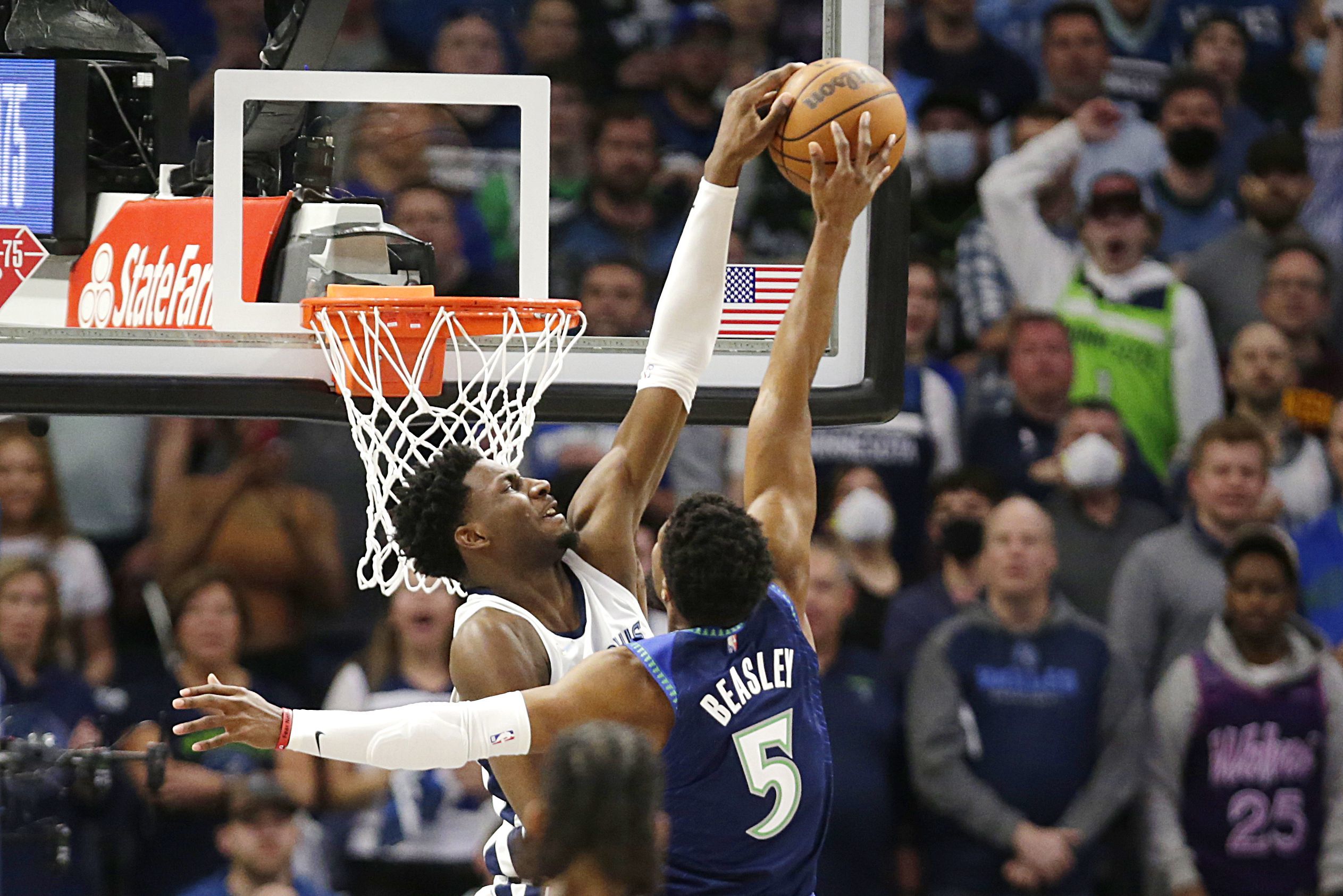 Jaren Jackson blocking Malik Beasley (Minnesota Timberwolves vs Memphis Grizzlies)