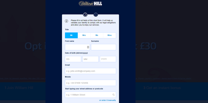 The form to use for registering for a William Hill account
