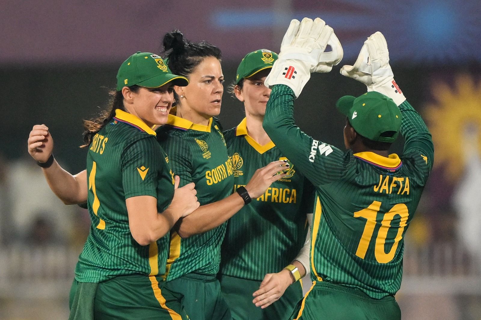 South Africa players celebrate their victory over England in the semifinals of the ICC Women's World Cup. @ICC/X