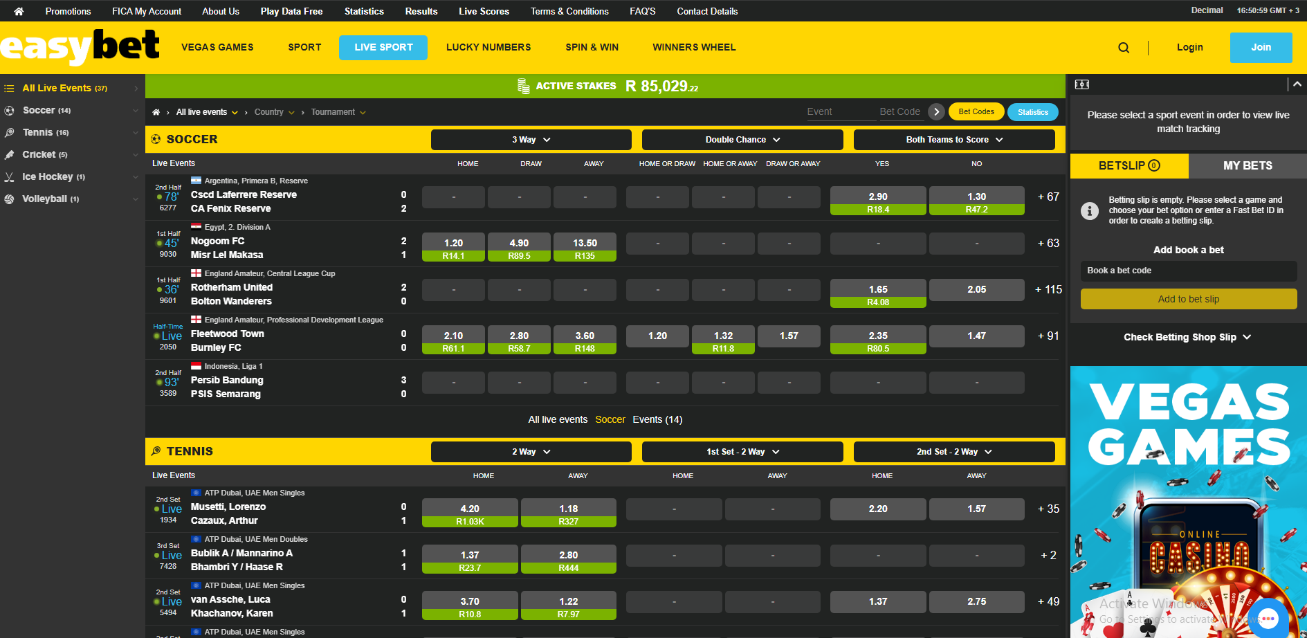 Easybet Live Betting Page