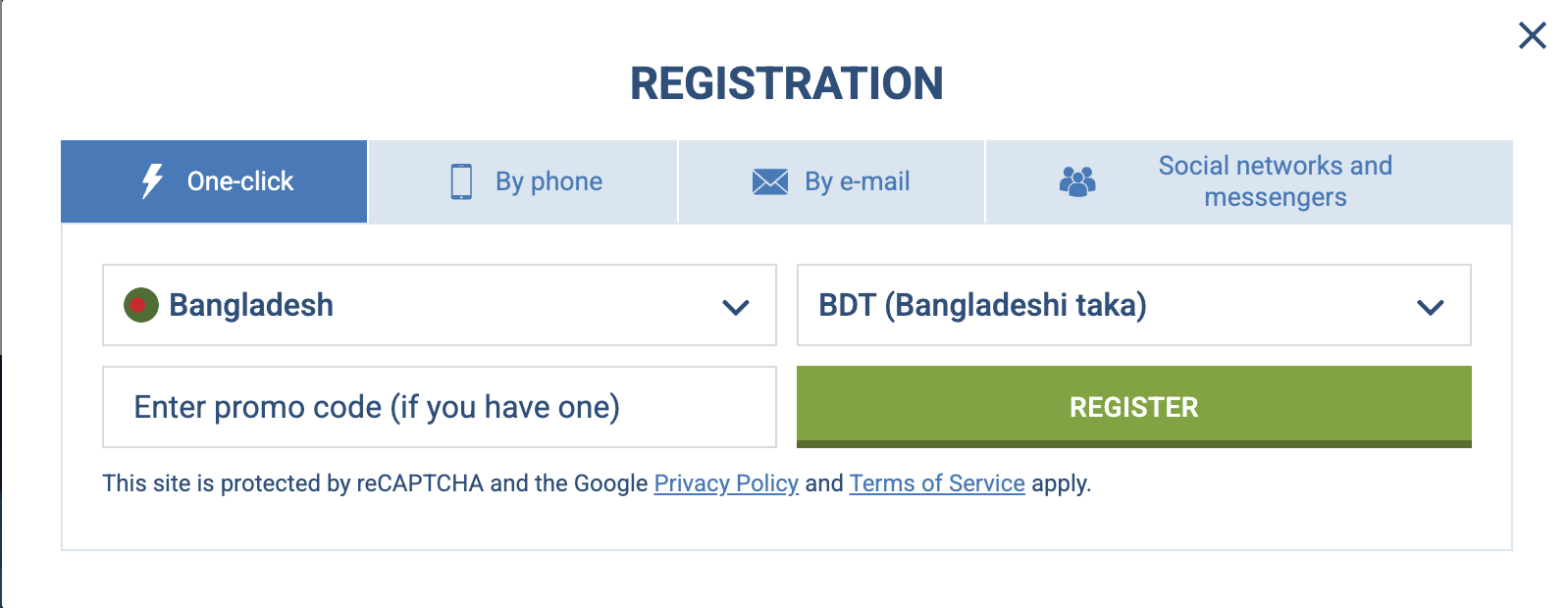 One Click Registration at 1xBet