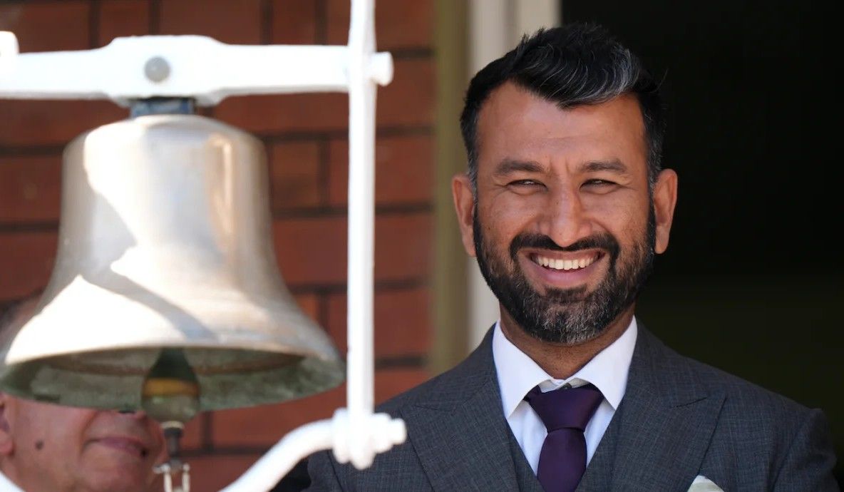 File photo of Cheteshwar Pujara ringing the customary bell at Lord's Cricket Ground.