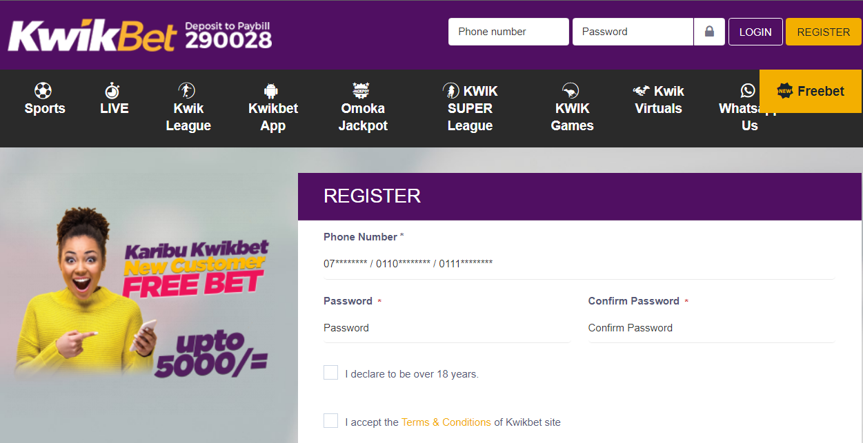 An image of the Kwikbet sportsbook sign up form