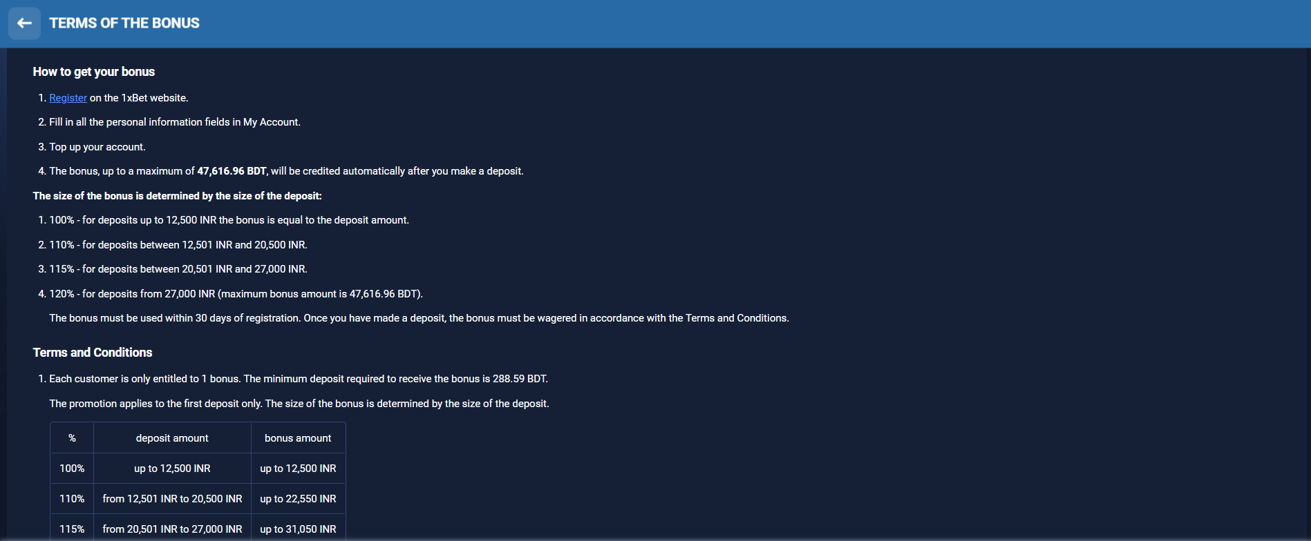 Bonus terms and conditions Terms and conditions of the bonus