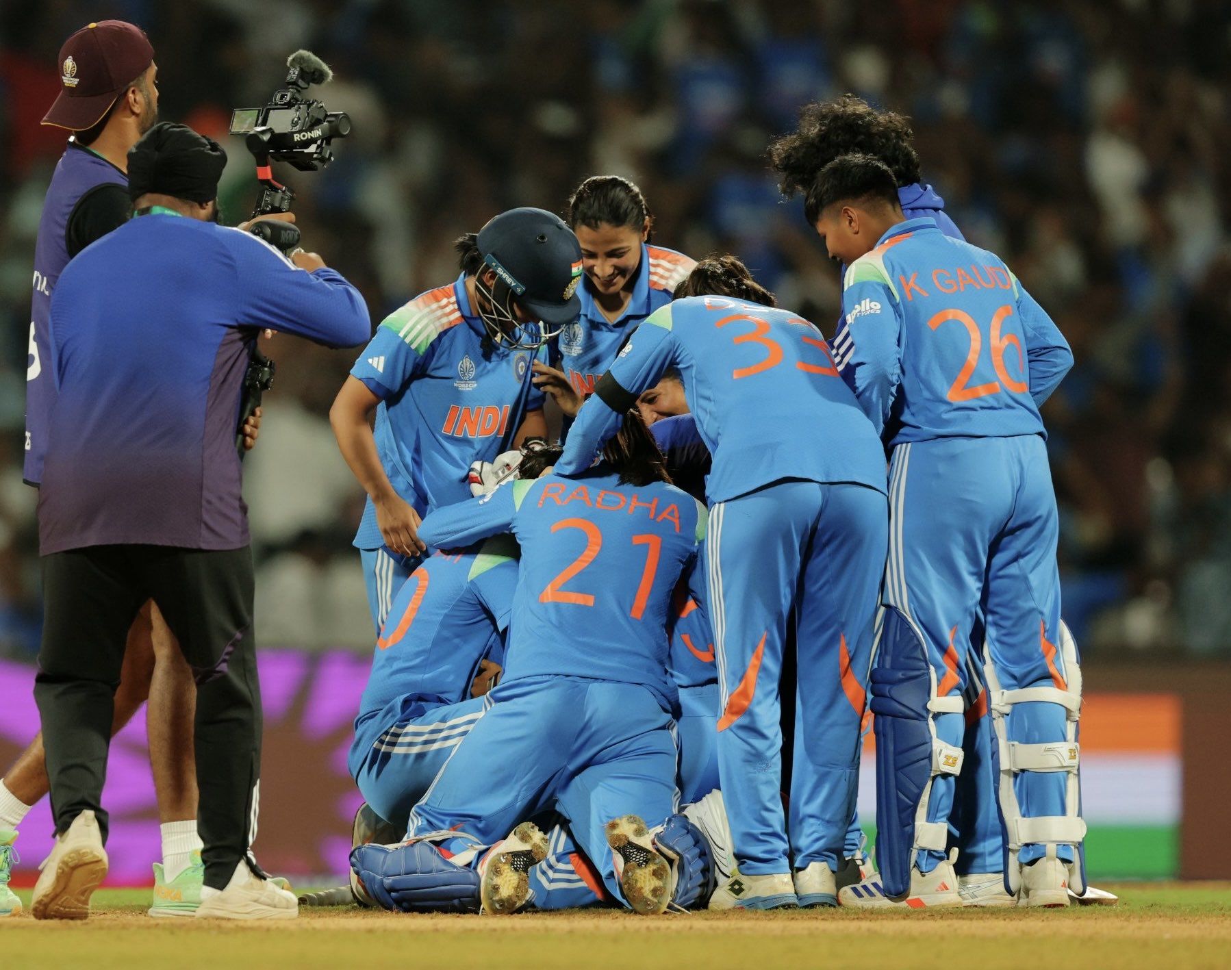 JUBILANT: India team celebrate their historic win over Australia in the semis. @BCCI/X