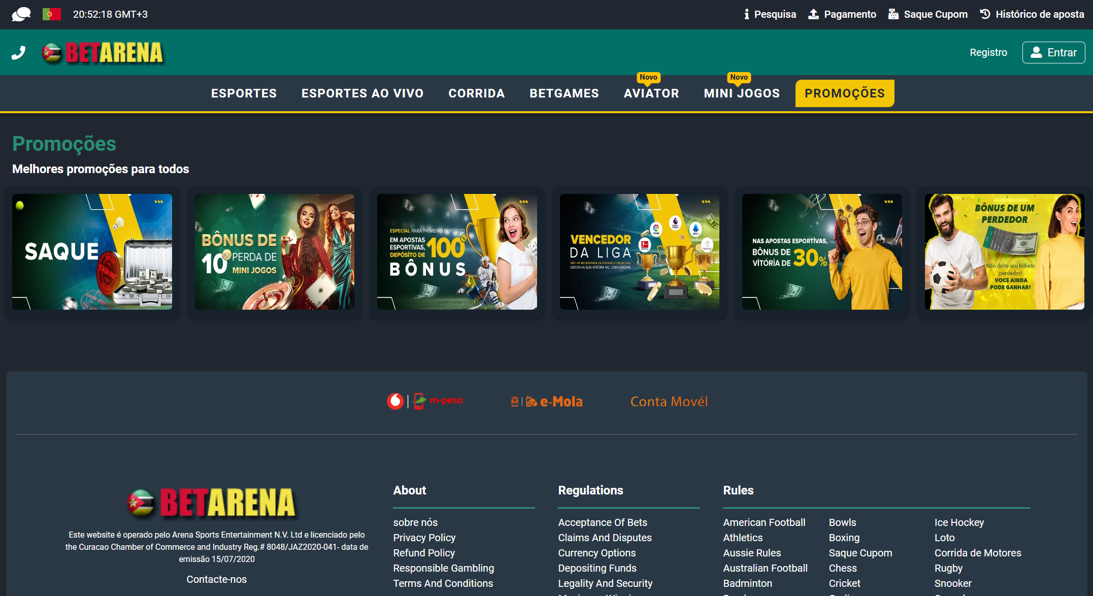 Secção promocional na versão web da BetArena