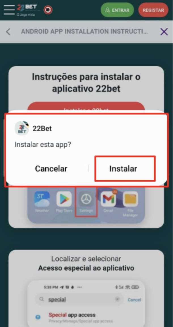 Processo de instalação da 22Bet Moçambique para a versão Android