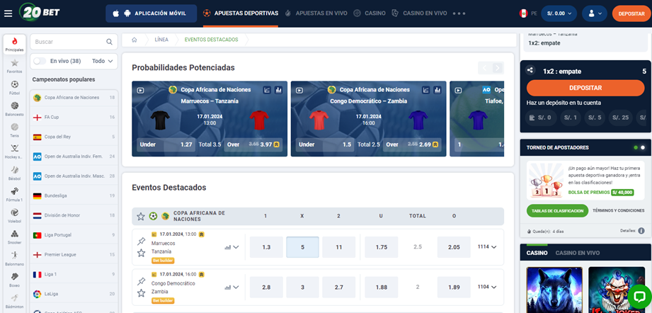 Se muestra la página de apuestas deportivas de Perú 20Bet