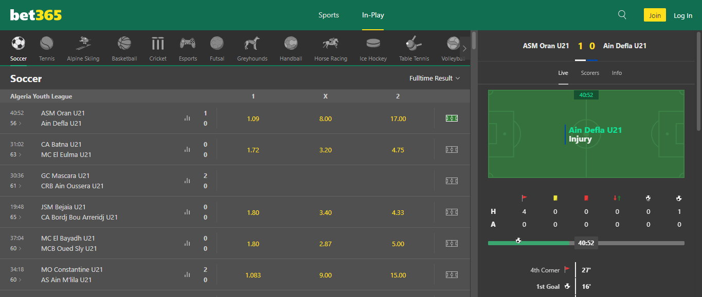 bet365 in-play feature