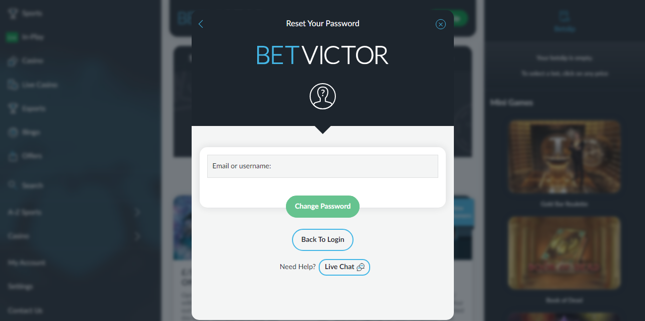 An image of the BetVictor sportsbook password reset form