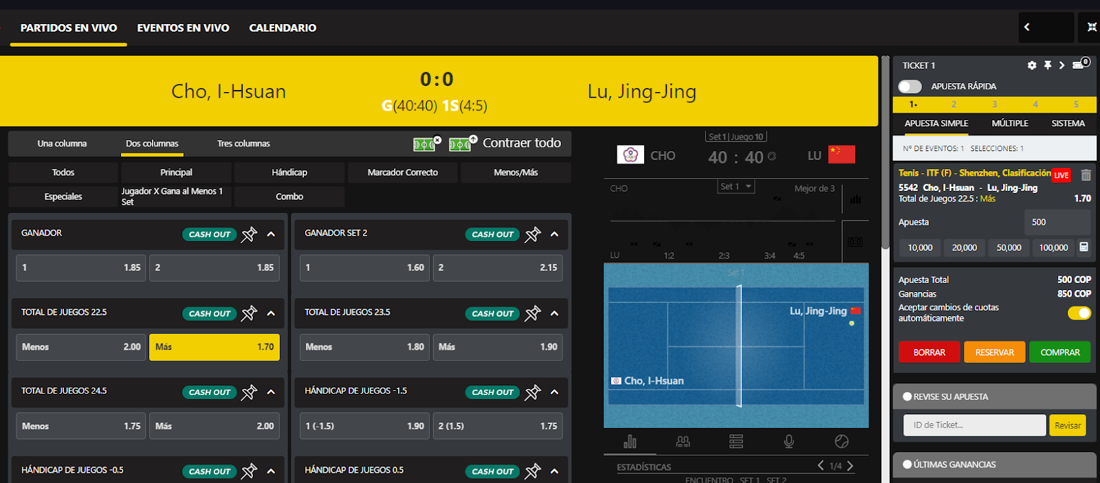 Se muestra un screenshot indicando la página de un partido de tenis en vivo y su mercado de apuestas