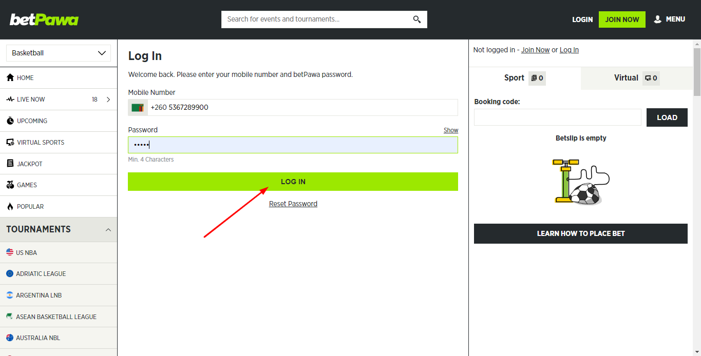 Graphic showing the Betpawa login button to access your account.