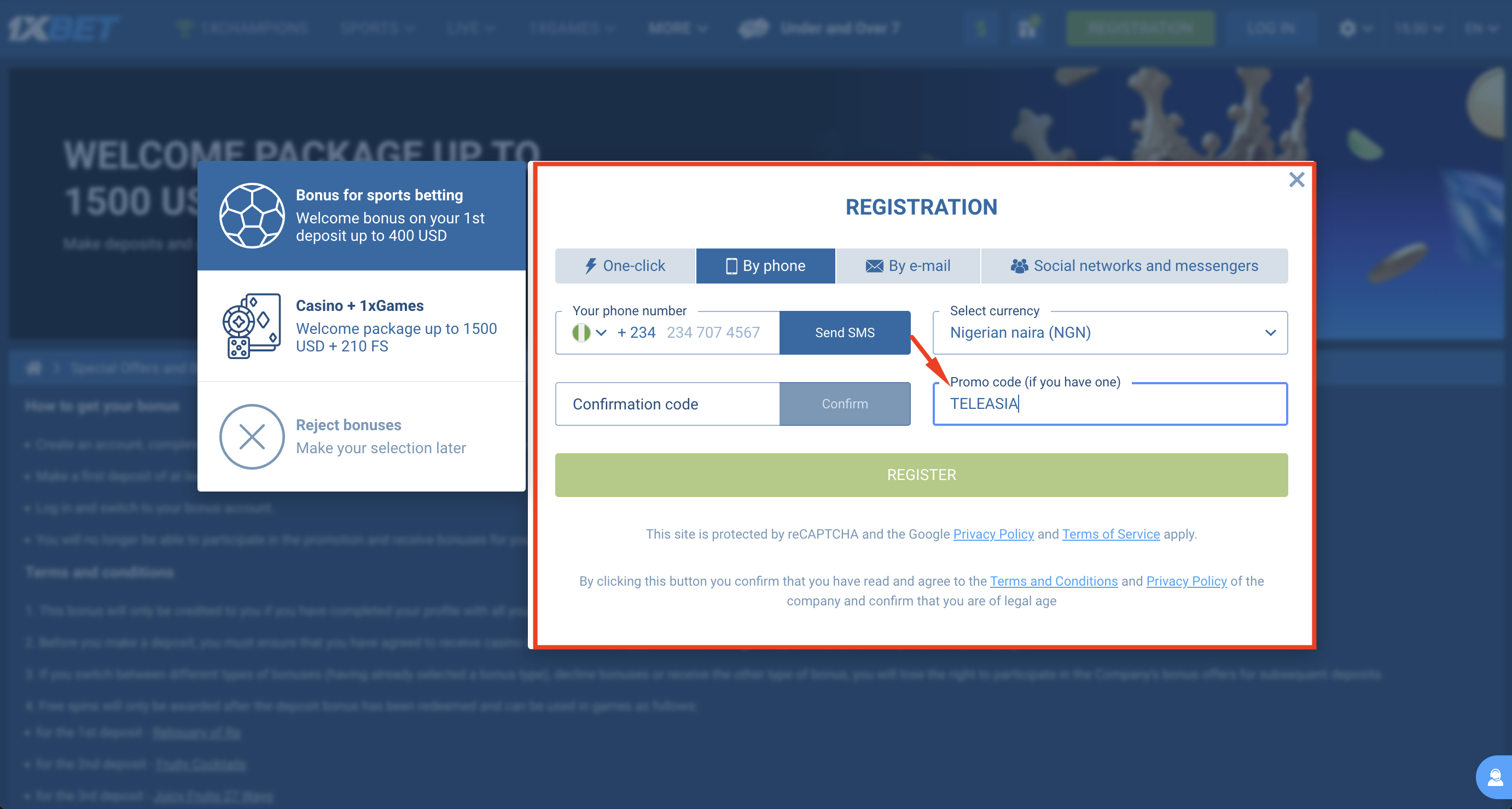Steps to register on 1xbet bet