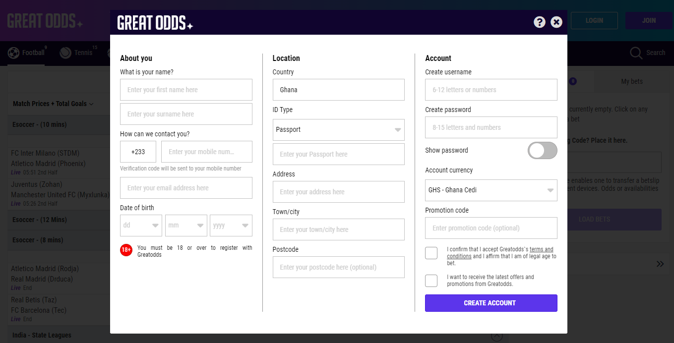 Image showing the GreatOdds sign up form