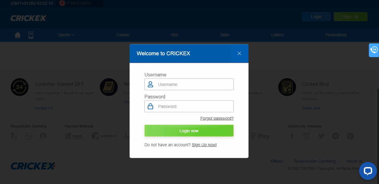 An image of the Crickex sportsbook login form