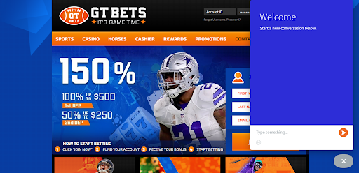 GTbets main page. Live Chat is the three dots on the lower right corner. Click on it to initiate a chat.