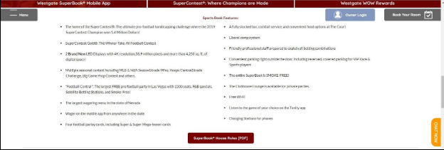 Westgate Sportsbook website showing features of the Superbook