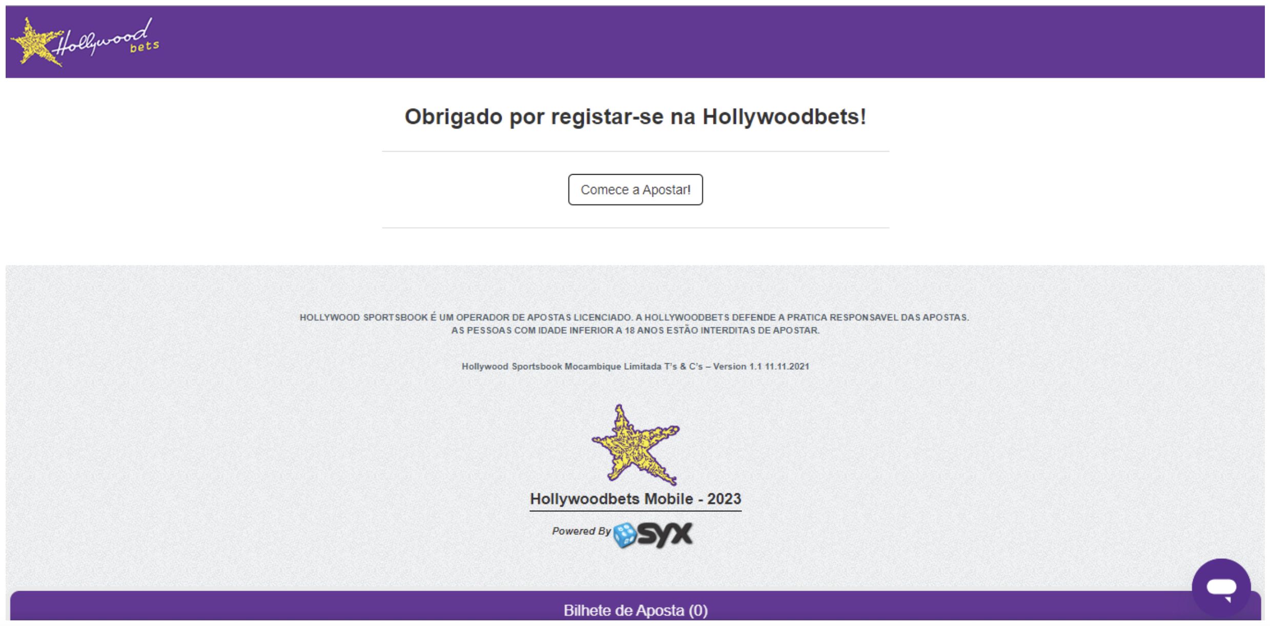 Último passo para registar na Hollywoodbets e fazer apostas online na casa de apostas