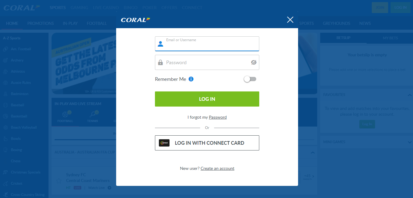 Coral Connect Card login page