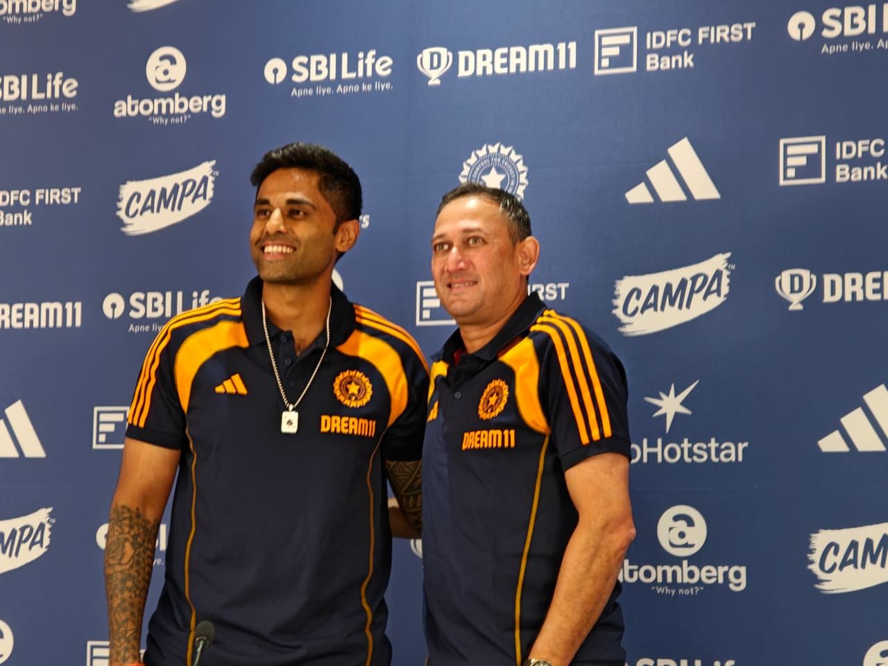 India's T20 captain Suryakumar Yadav with chief selector Ajit Agarkar after announcing the squad for Asia Cup. @BCCI