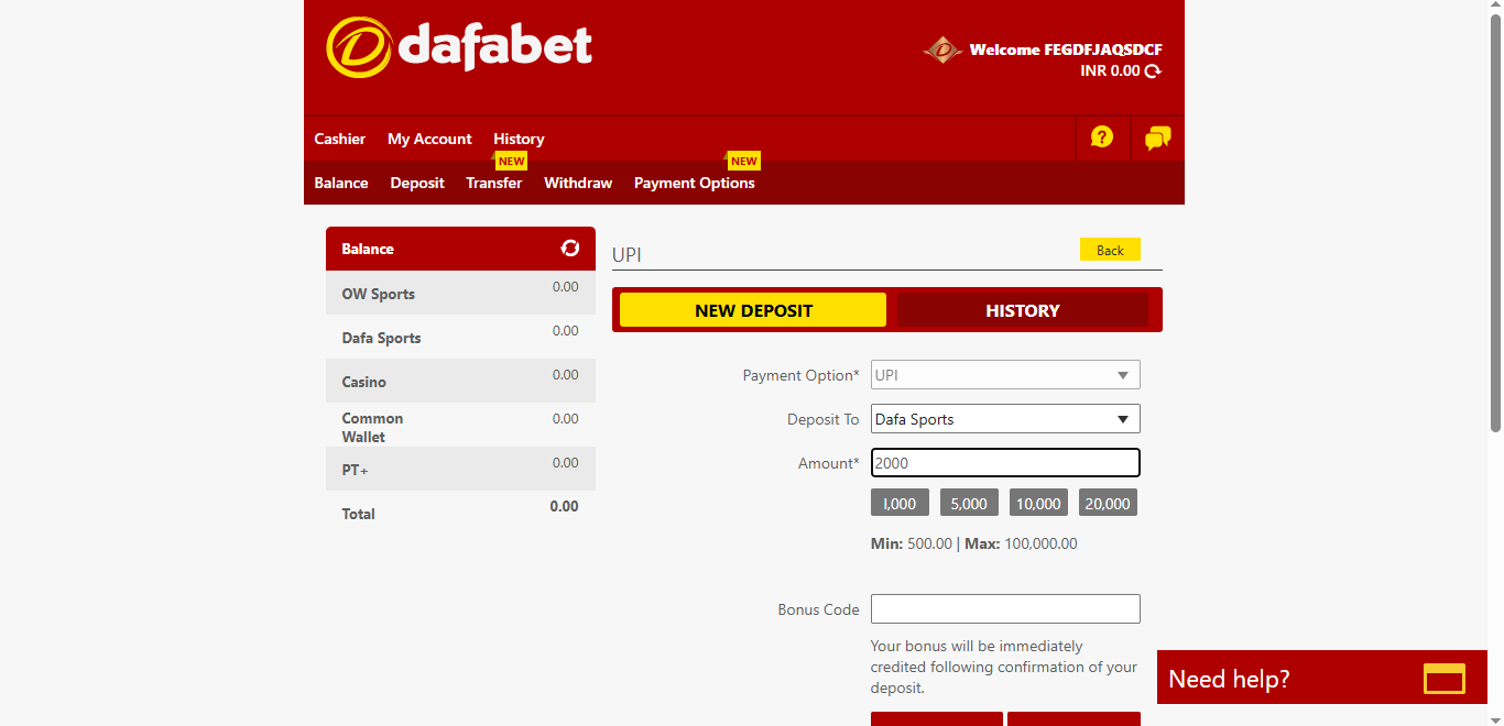 Dafabet Deposit Amount Selection