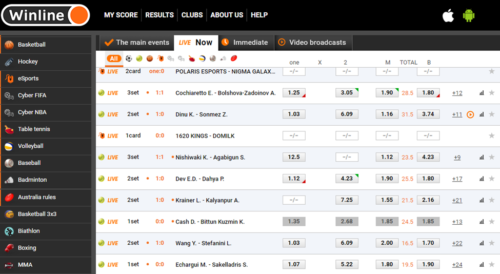 Winline Sportsbook Live Betting Page