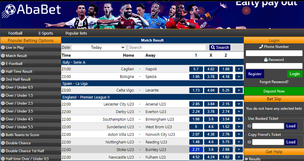 Main Page of Ababet Live Betting Section