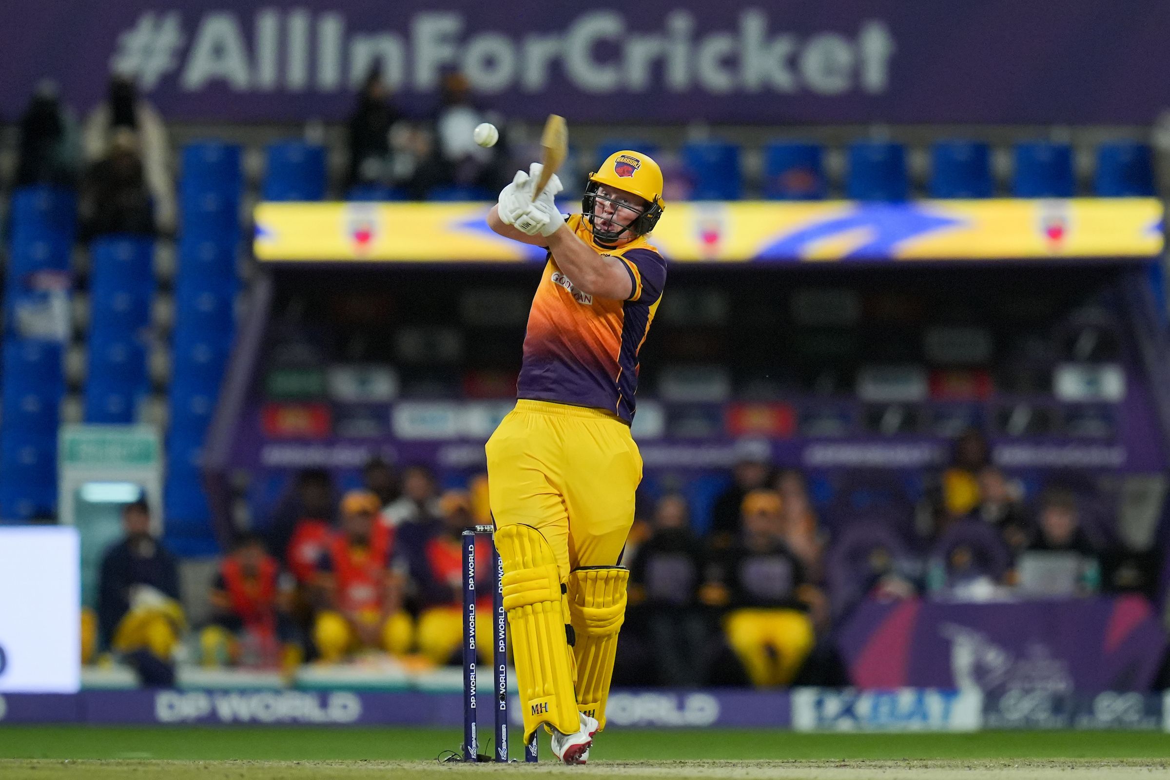 James Rew of Sharjah Warriorz plays a shot against Abu Dhabi Knight Riders. @ILT20