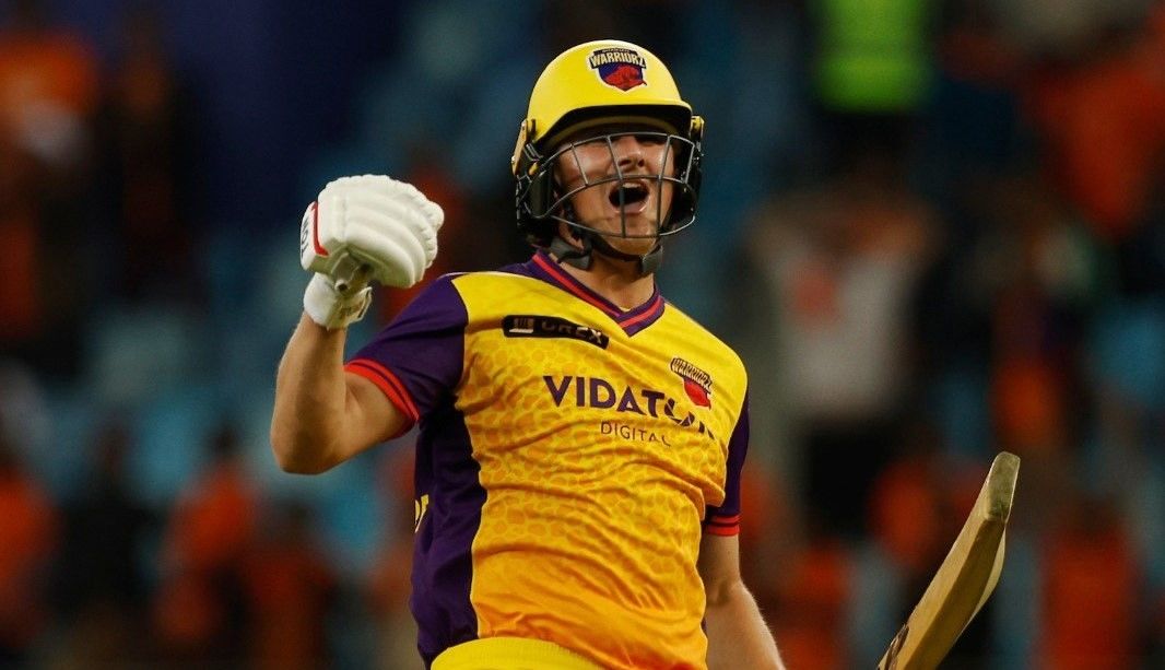 Tom Kohler-Cadmore celebrates Sharjah Warriors' three wickets win against the Gulf Giants in Dubai Tom Kohler-Cadmore celebrates Sharjah Warriors' three wickets win against the Gulf Giants in Dubai