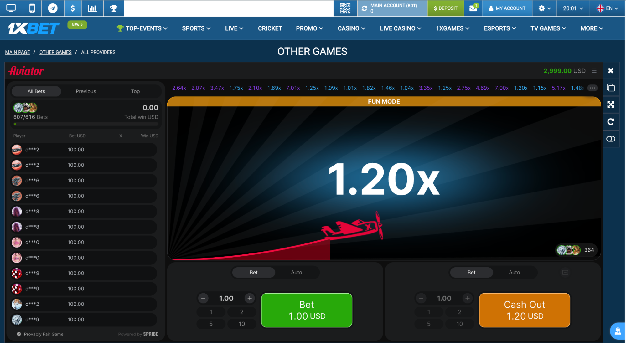 1xbet Aviator Gameplay