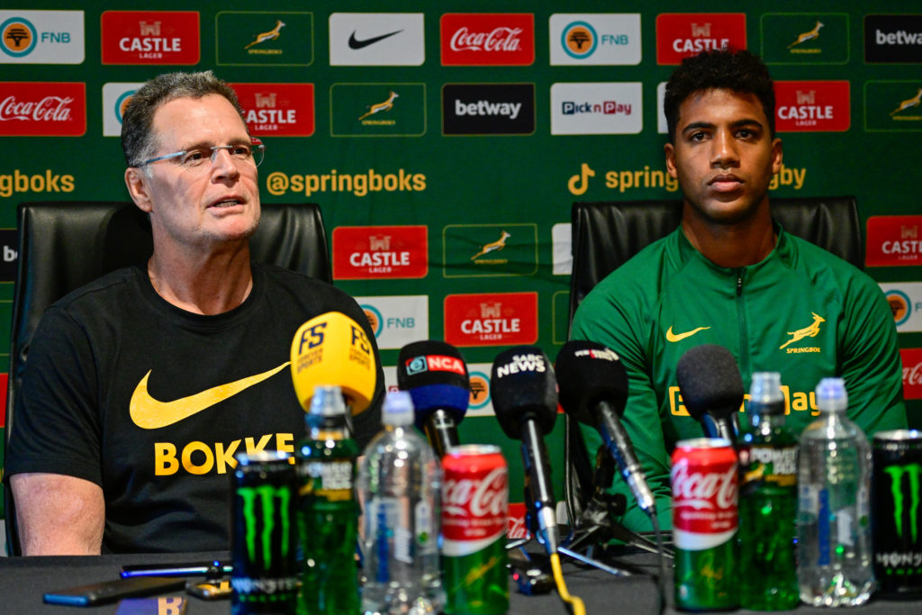 Coach Rassie and Canan Moodie at a press conference in Cape Town on 19 August 2025