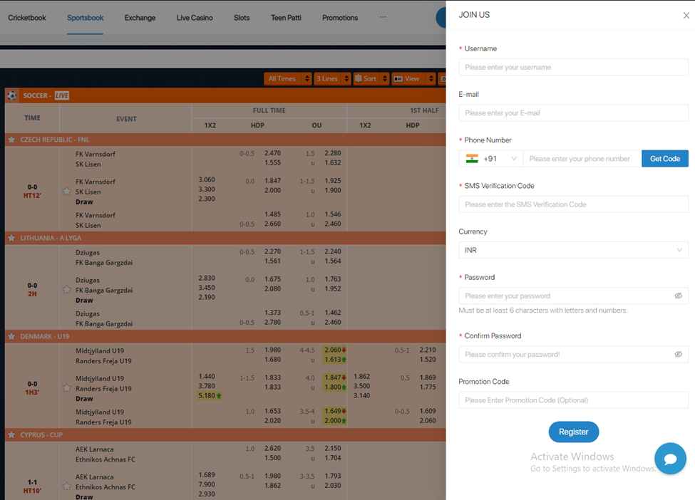 Indibet Sportsbook Sign-Up Page