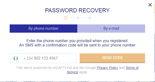 An image of the Paripesa Nigéria password recovery form page