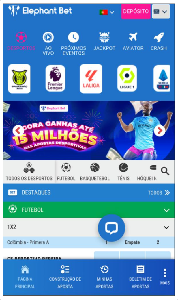 Página inicial da conta da Elephant Bet na aplicação Android