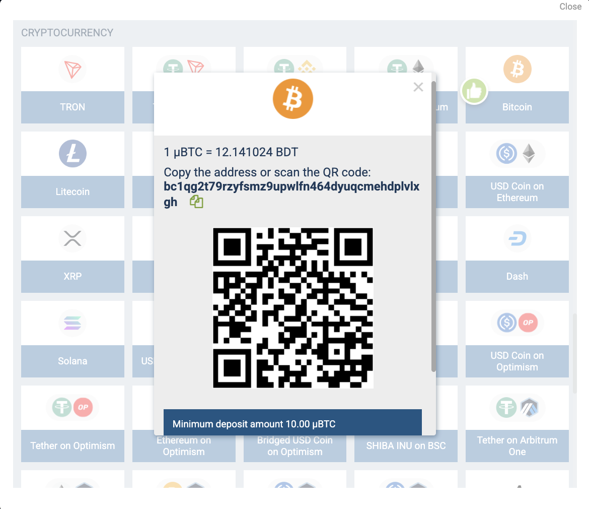 1xBet Bitcoin deposit page