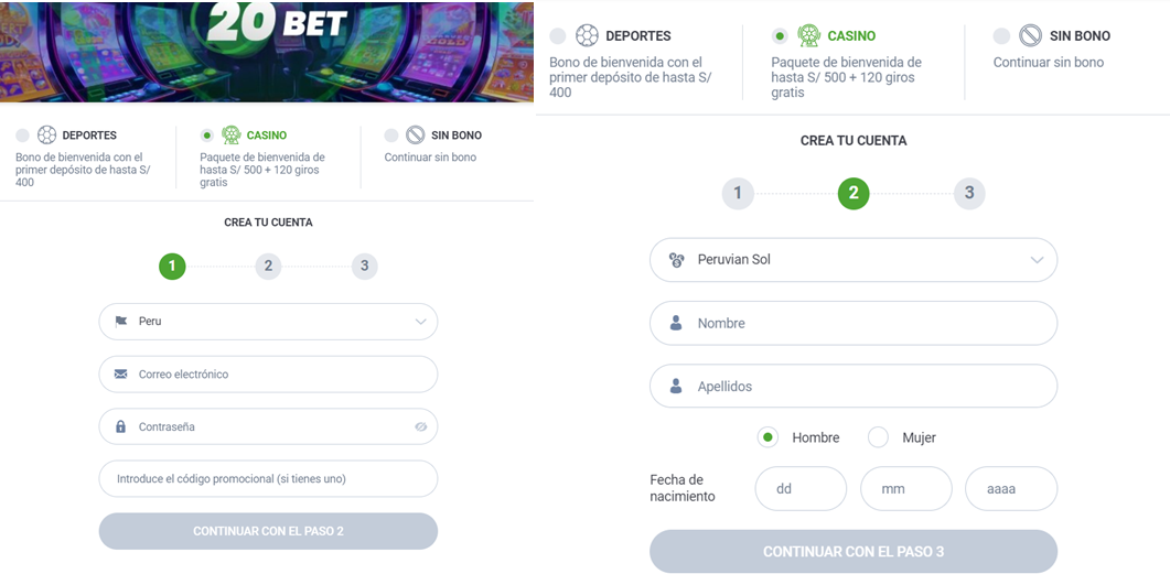 Creación de cuenta para 20Bet Perú