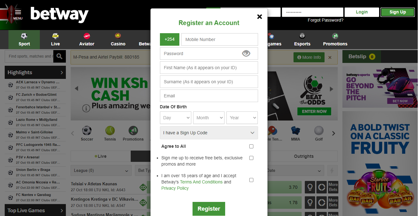 Betway Sign-up process in a picture