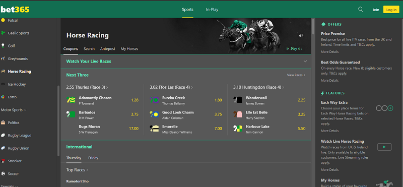 Horse racing events found on Bet365 website