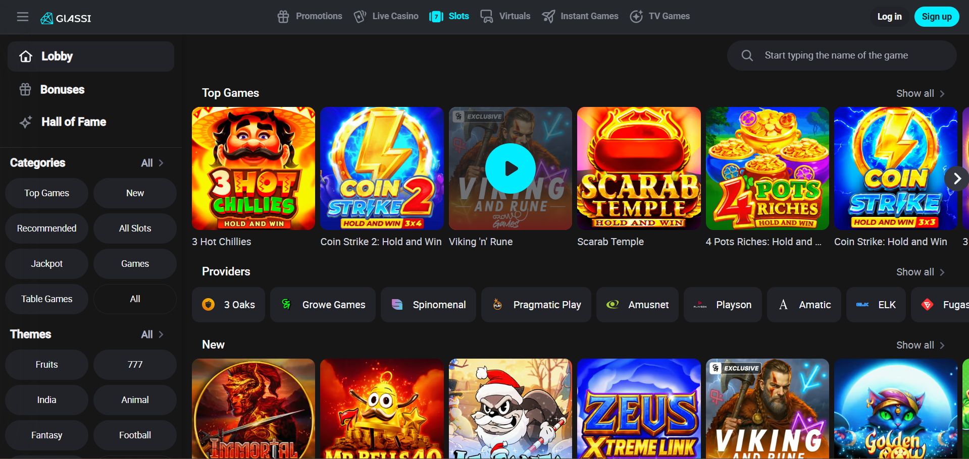 Lobby for Glassi Casino games