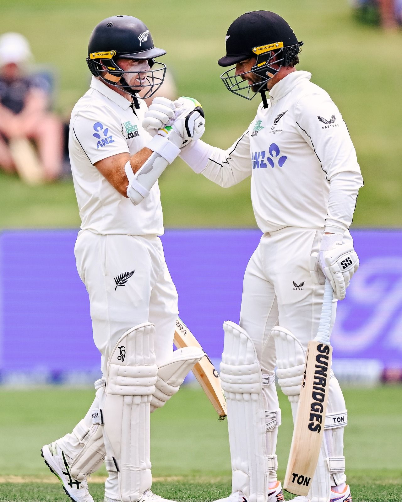 Devon Conway and Tom Latham celebrate during their big partnership for the first wicket on the opening day of the third and final Test against the West Indies at the Bay Oval in Mount Maunganui. @BLACKCAPS/X Devon Conway and Tom Latham celebrate during their big partnership for the first wicket on the opening day of the third and final Test against the West Indies at the Bay Oval in Mount Maunganui. @BLACKCAPS/X